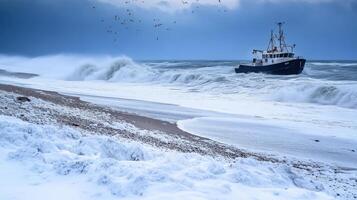 Turbulent seas engulfing a fishing vessel on a snowy shore. photo