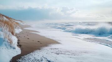 Snowy winter beach scene with powerful waves. photo