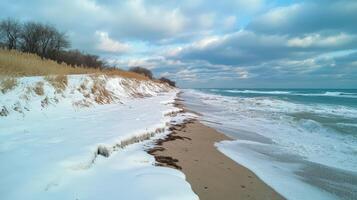 Snowy winter shoreline with waves and clouds. photo