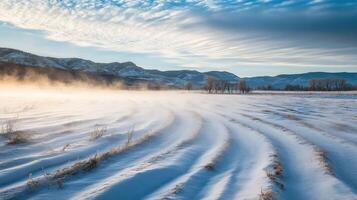Snowy winter landscape with winding tracks in the meadow. photo