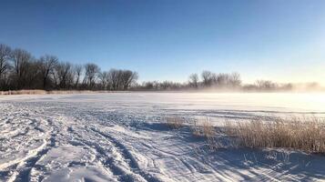 Frozen expanse of winter landscape at dawn. photo