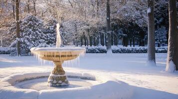 Frozen fountain in a snowy park landscape. photo