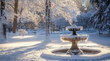 Winter wonderland scene with snow-covered fountain. photo