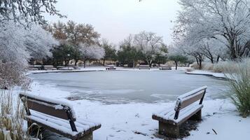 Frozen winter park scene with snow-covered benches. photo