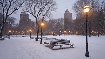 Snowy urban park scene at twilight with illuminated lampposts. photo