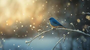 A serene winter scene featuring a bluebird. photo