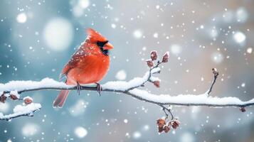 A beautiful cardinal perches on a snowy winter branch. photo
