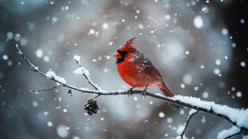 A vibrant cardinal perched on a snowy branch in winter's snowfall. photo
