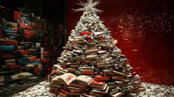 Festive book-themed Christmas tree adorned with presents and decorations. photo