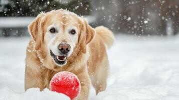 Golden retriever in snowy landscape with red ball. photo