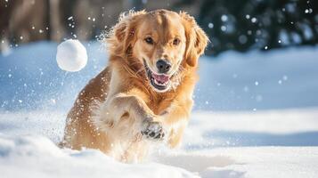 A golden retriever running through the snow with a ball in his mouth photo