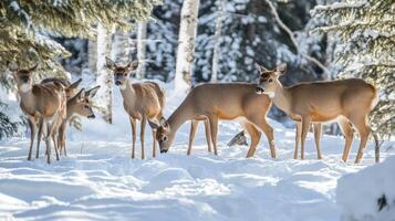 Snowy forest scene with a group of deer. photo