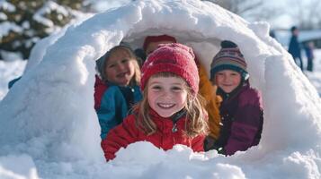 Children joyfully playing in a snowy igloo. photo