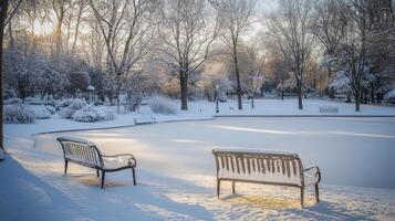 Winter park scene with benches covered in snow. photo