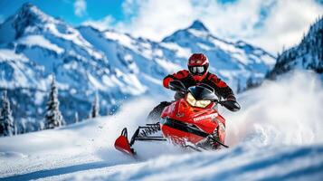 Winter snowmobile adventure through snowy mountain peaks. photo
