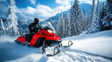 Winter snowmobile adventure through snowy forest. photo