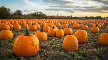 Autumnal pumpkin patch landscape at sunset. photo