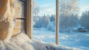 Winter scene viewed through a frosty window. photo
