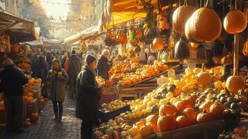 Sunny autumn market scene with pumpkins and produce. photo