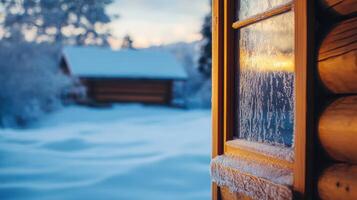 Winter cabin view through frosted window pane. photo