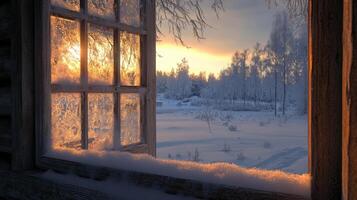 Winter sunrise view through frosted window pane. photo