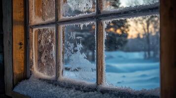 Frozen winter scene seen through a frosted windowpane. photo