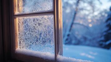Frosty winter scene viewed through a window pane. photo