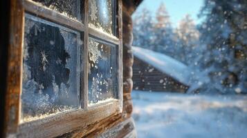 Frozen windowpane of a snowy wooden cabin. photo