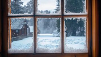 A view of a snowy window with snow on the ground photo