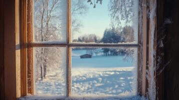 A view of a snowy winter landscape through a window photo