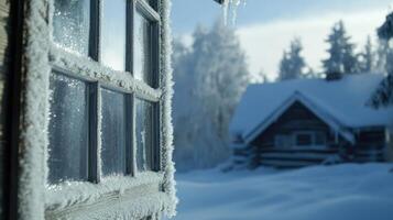 Frosty winter scene through a snow-covered window. photo