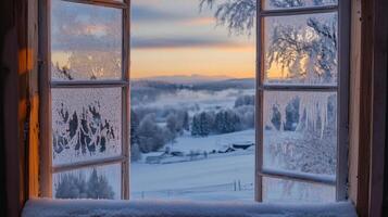 Winter scene viewed through frosted window panes. photo