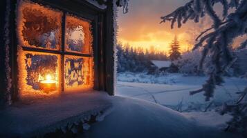 Frosted winter window, candlelight, and snowy landscape. photo