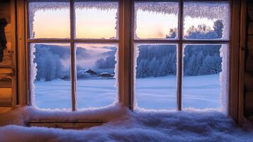 Snowy winter landscape viewed through a frosty window. photo