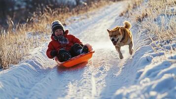 Winter day, a child and dog on a snowy path. photo