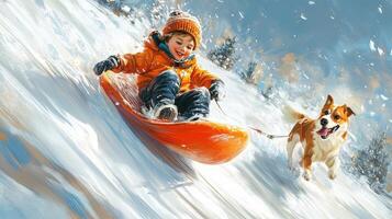 A joyful child and dog sledding through snowy landscape. photo