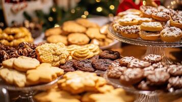 Festive assortment of holiday cookies displayed on tiered trays. photo