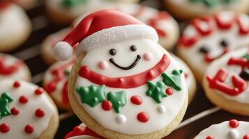Festive snowman-shaped cookies with icing details. photo