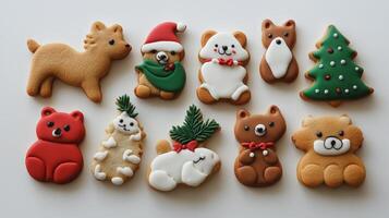 Festive animal and tree-shaped cookies arranged on a white surface. photo