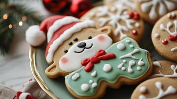 Festive Christmas cookies decorated with icing and holiday motifs. photo