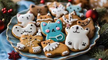 Festive animal-shaped gingerbread cookies on a decorative plate. photo