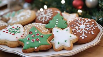 Festive iced cookies on a platter, holiday treats. photo