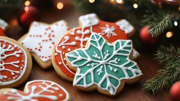 Festive iced cookies arranged on a wooden surface. photo