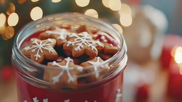 Festive gingerbread cookies in a decorative jar. photo