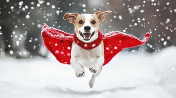 Joyful dog in flight, wearing red cape, snowy day. photo