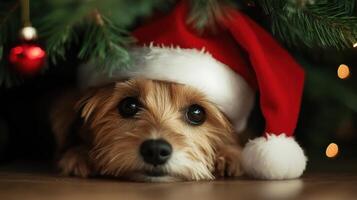 Festive dog nestled beneath a Christmas tree. photo