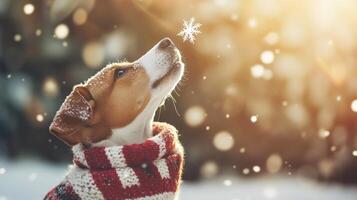 Winter scene with a dog wearing a scarf in the snow. photo