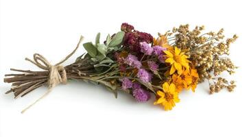 Dried flower bouquet tied with twine against a white background. photo