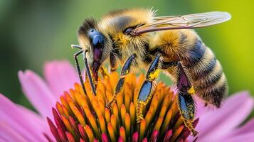 Close-up view of a bee pollinating a vibrant flower. photo