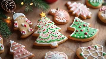 Festive Christmas cookies decorated with colorful icing. photo